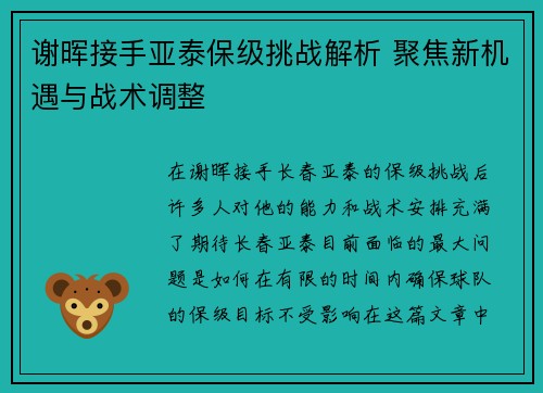 谢晖接手亚泰保级挑战解析 聚焦新机遇与战术调整